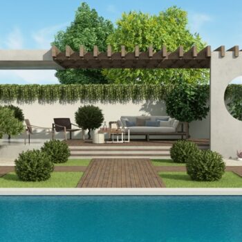 Luxury garden with concrete gazebo and large swimming pool