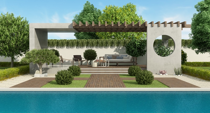 Luxury garden with concrete gazebo and large swimming pool